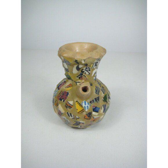 Vintage Mosaic Small Clay Vase Pitcher Handle Spout Signed Rustic Boho - Picture 4 of 7